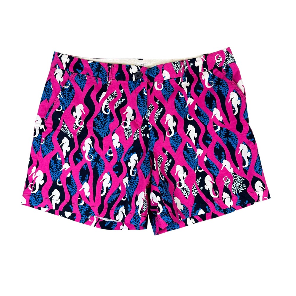 Crown & Ivy Woman Pink Navy Seahorse Print Chino Shorts Size 18W Nautical Summer